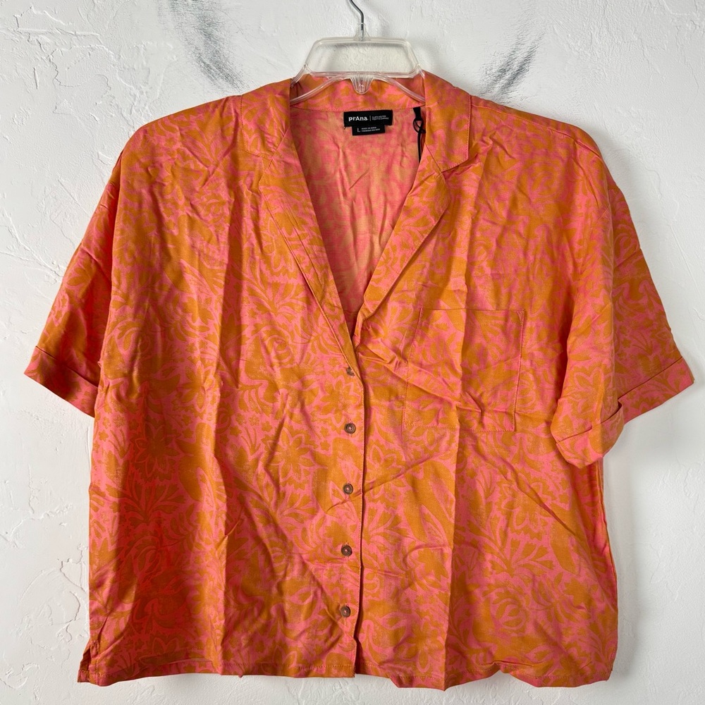 Prana Shirt Knit Top Blouse Iguala Floral Print Orange Pink Button Down Collared